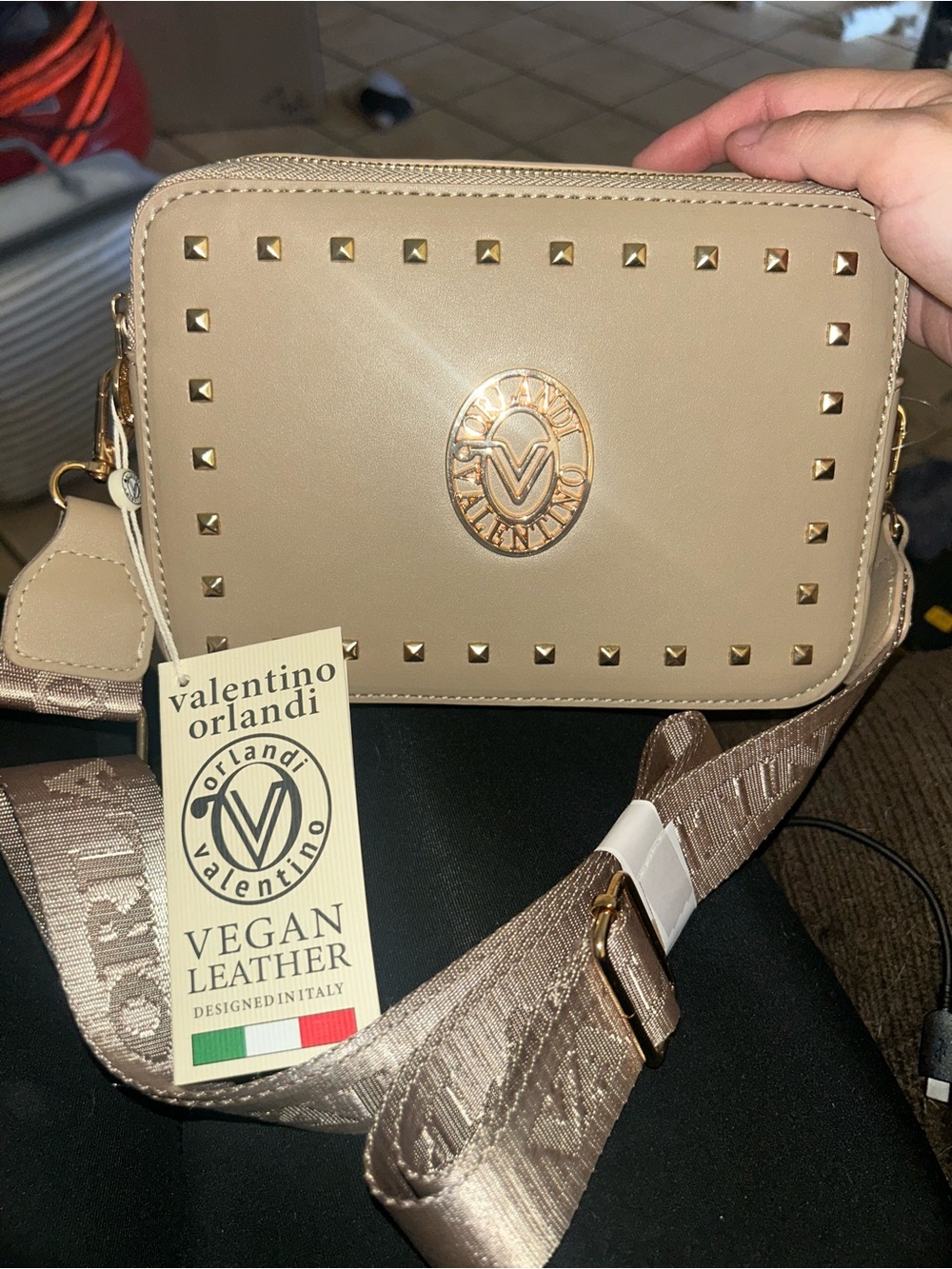 Valentino Orlandi taupeVegan Leather Crossbody with Gold Studs